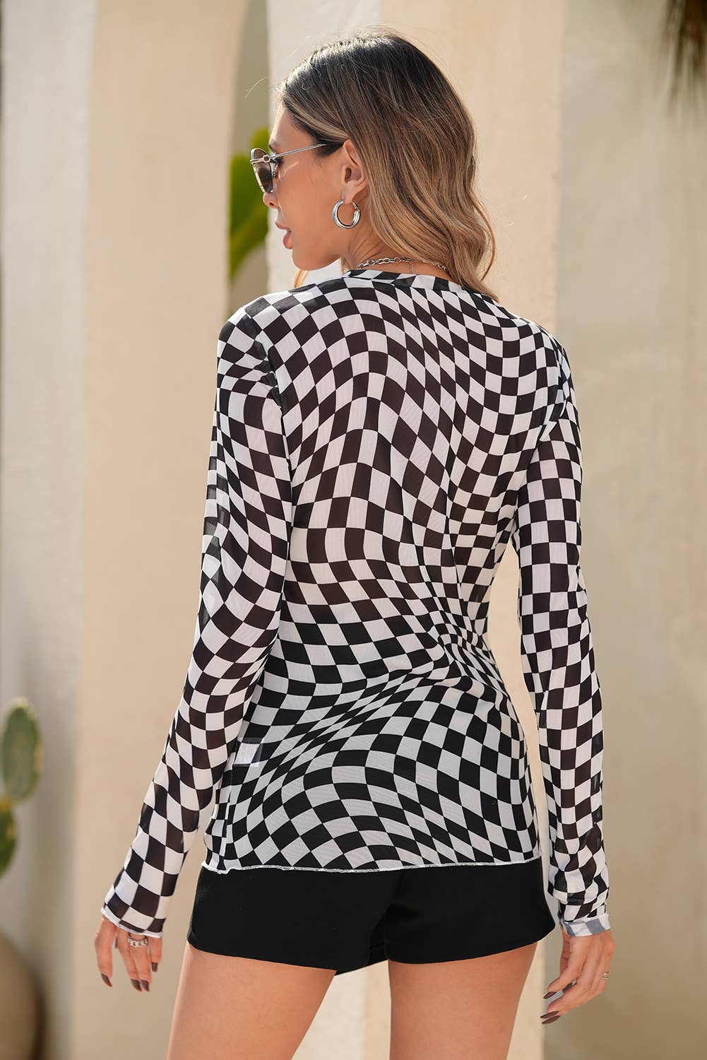 Checkered Pattern Mesh Mock Neck