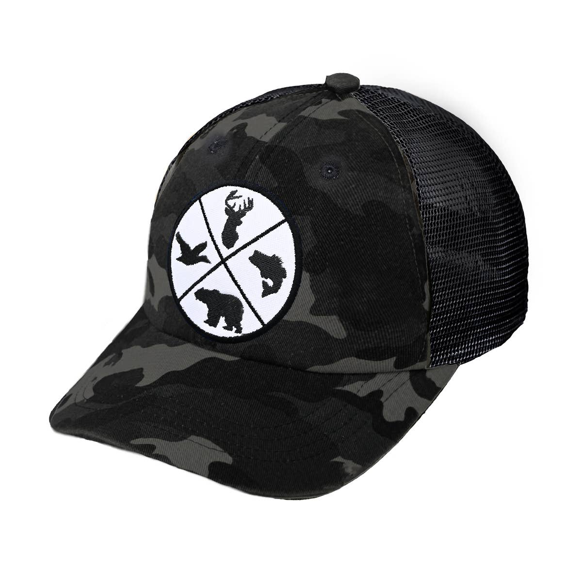 Men's Trucker Patch Hat: Outdoors Quad (Black Camo)
