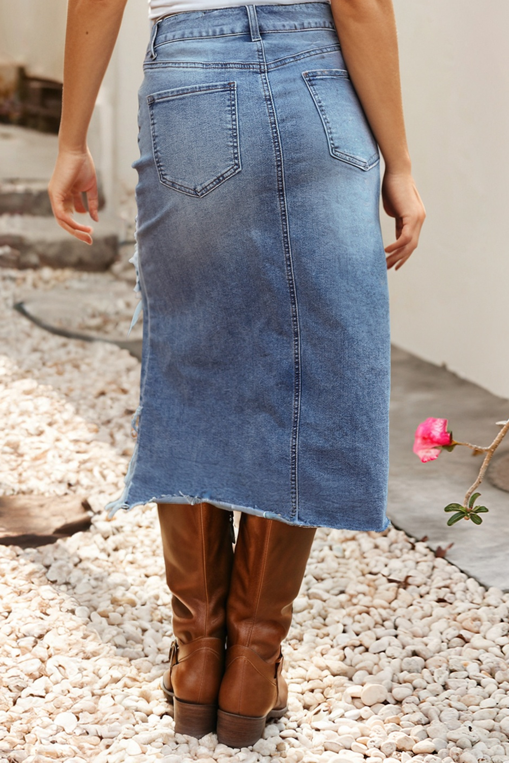 Distressed Bottom Denim Midi Skirt Pre Order