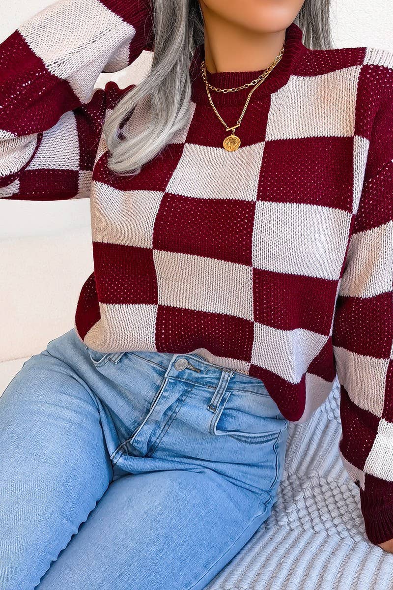 Checkered Sweater in Burgundy