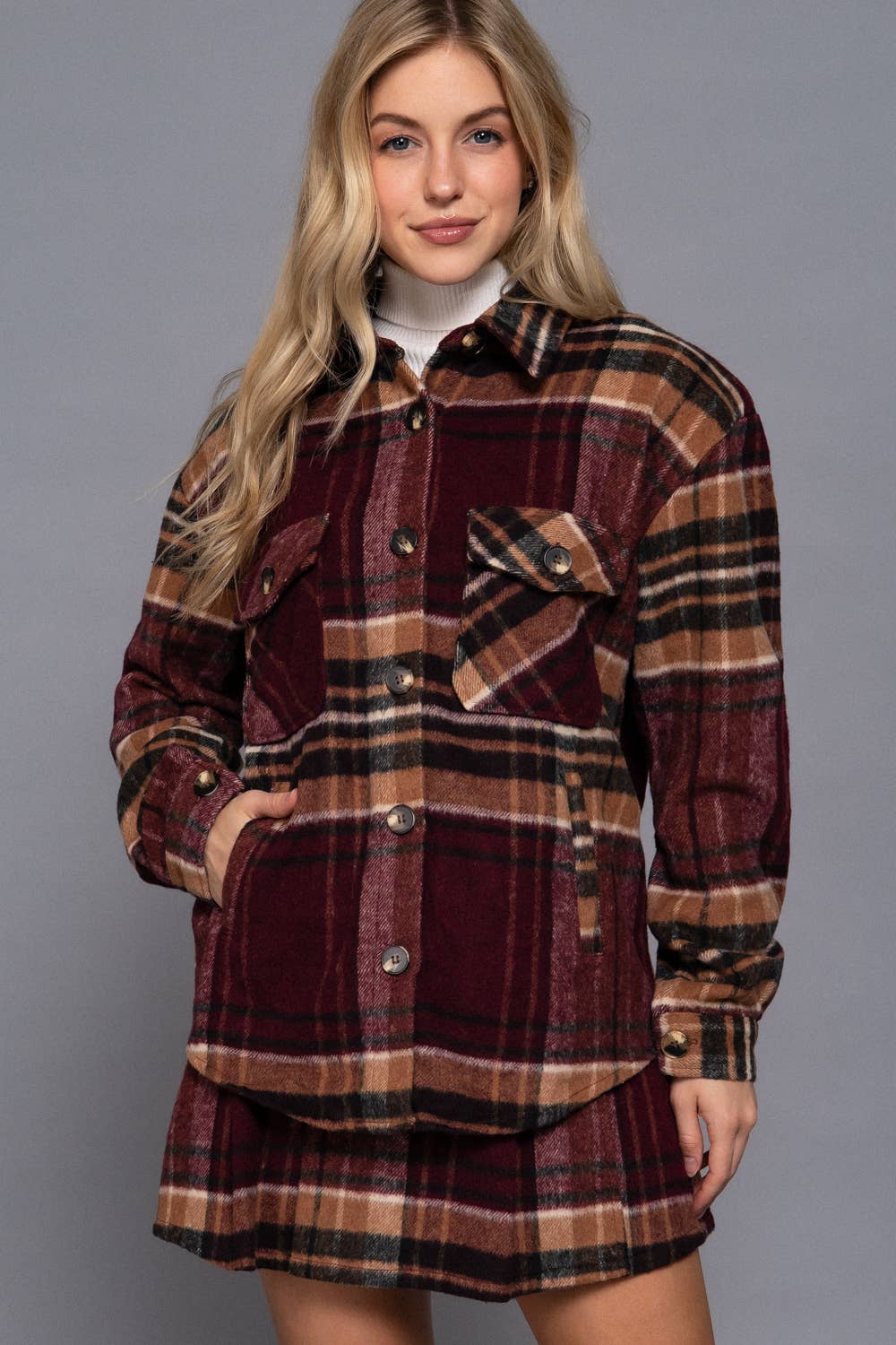 Wool Blend Plaid Jacket With Side Pockets