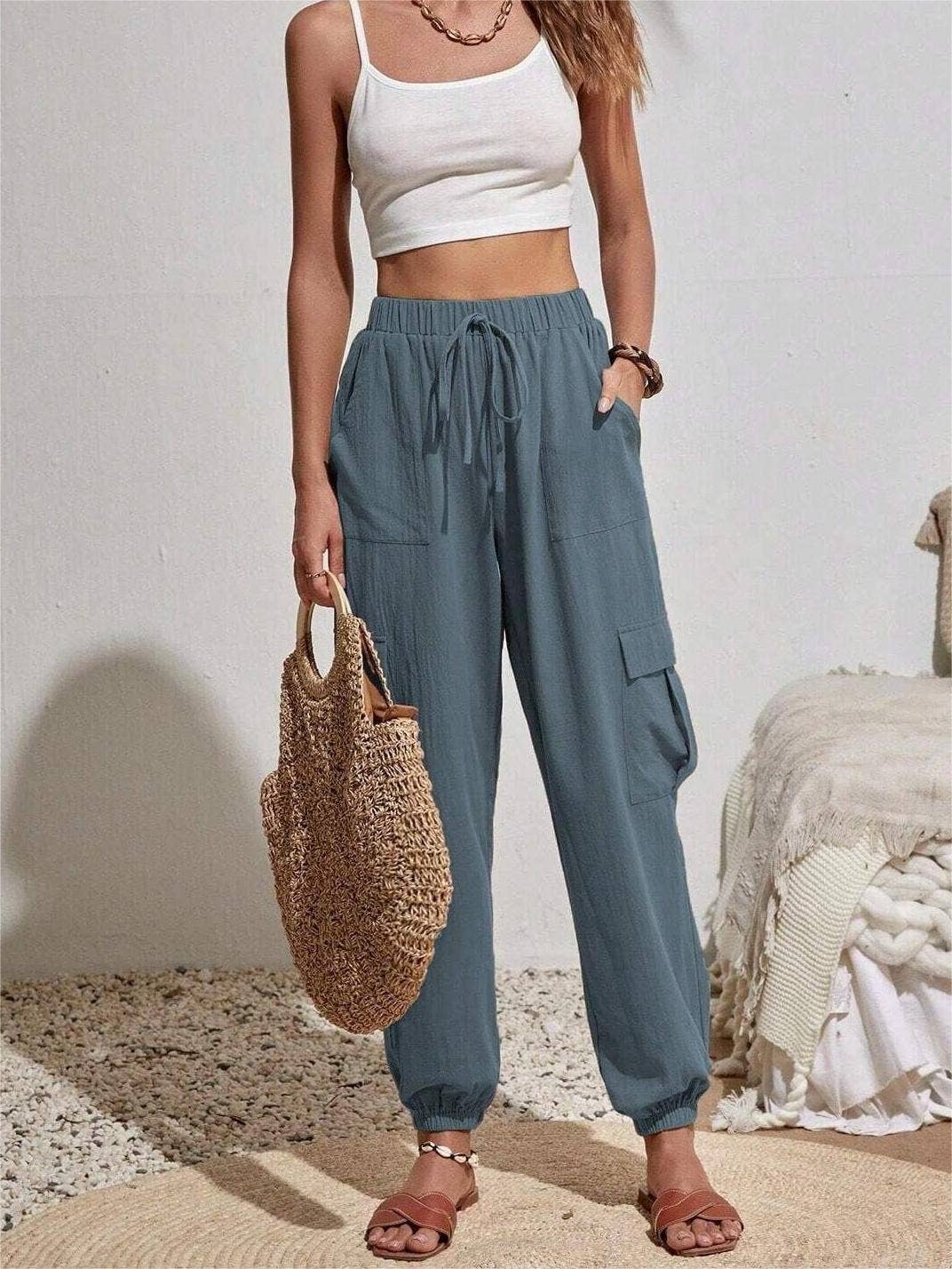 Trouser Pocket Casual Cargo Pants In Denim Blue