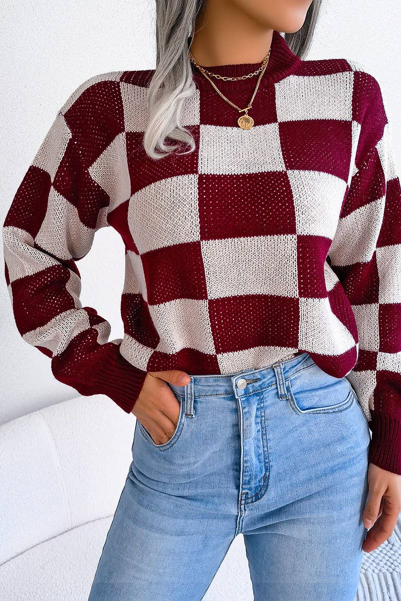 Checkered Sweater in Burgundy