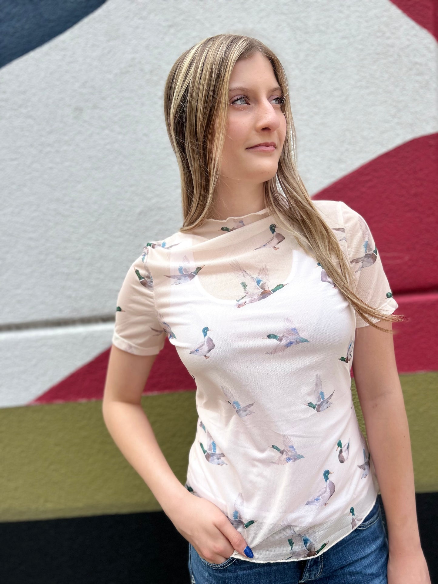 Mallard Mesh Mock Neck Top