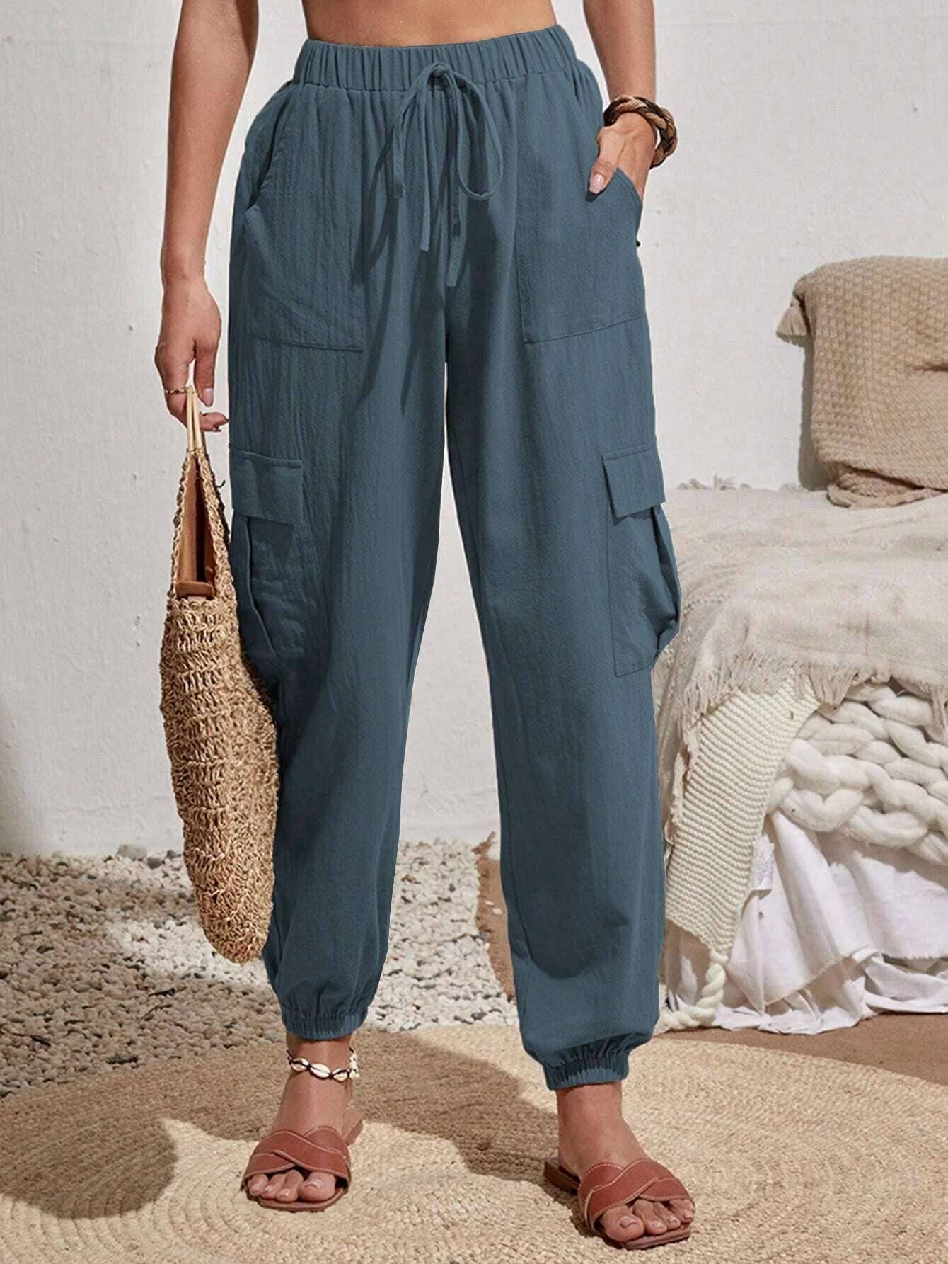 Trouser Pocket Casual Cargo Pants In Denim Blue