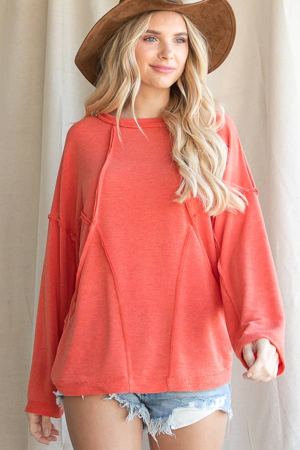 Solid Women's Stitch Detailed Loose Fit Round Neck Top