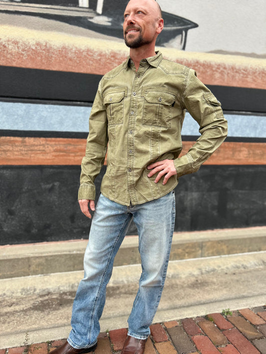 Vintage Stretch Button Up Shirt In Olive
