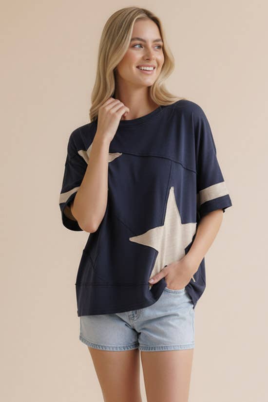 Star Patchwork Cotton Slub Knit Top
