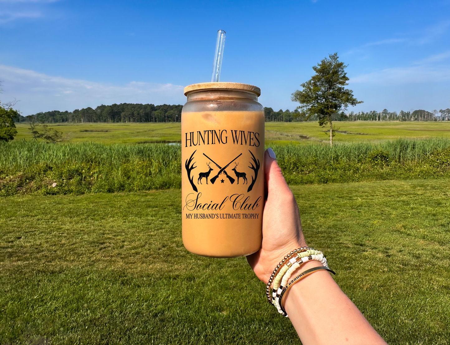 Hunting Wives Social Club Glass Can with Bamboo Lid