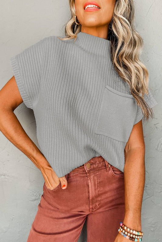 Ribbed Short Sleeve Pocketed Sweater In Grey