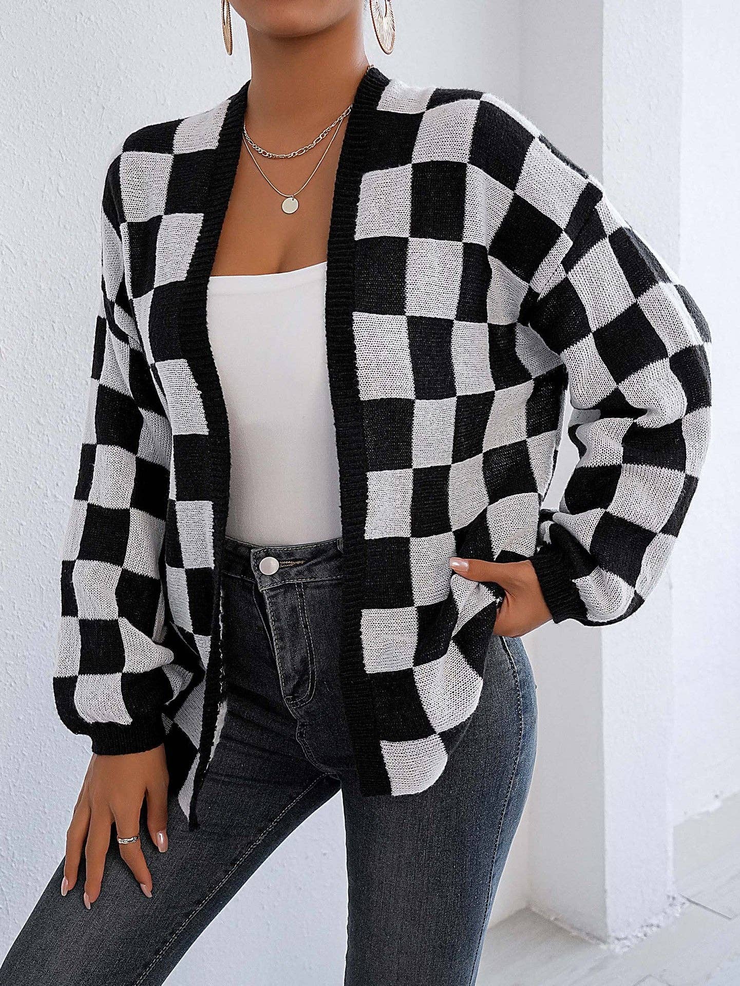 Checkered Open Front Cardigan Sweater