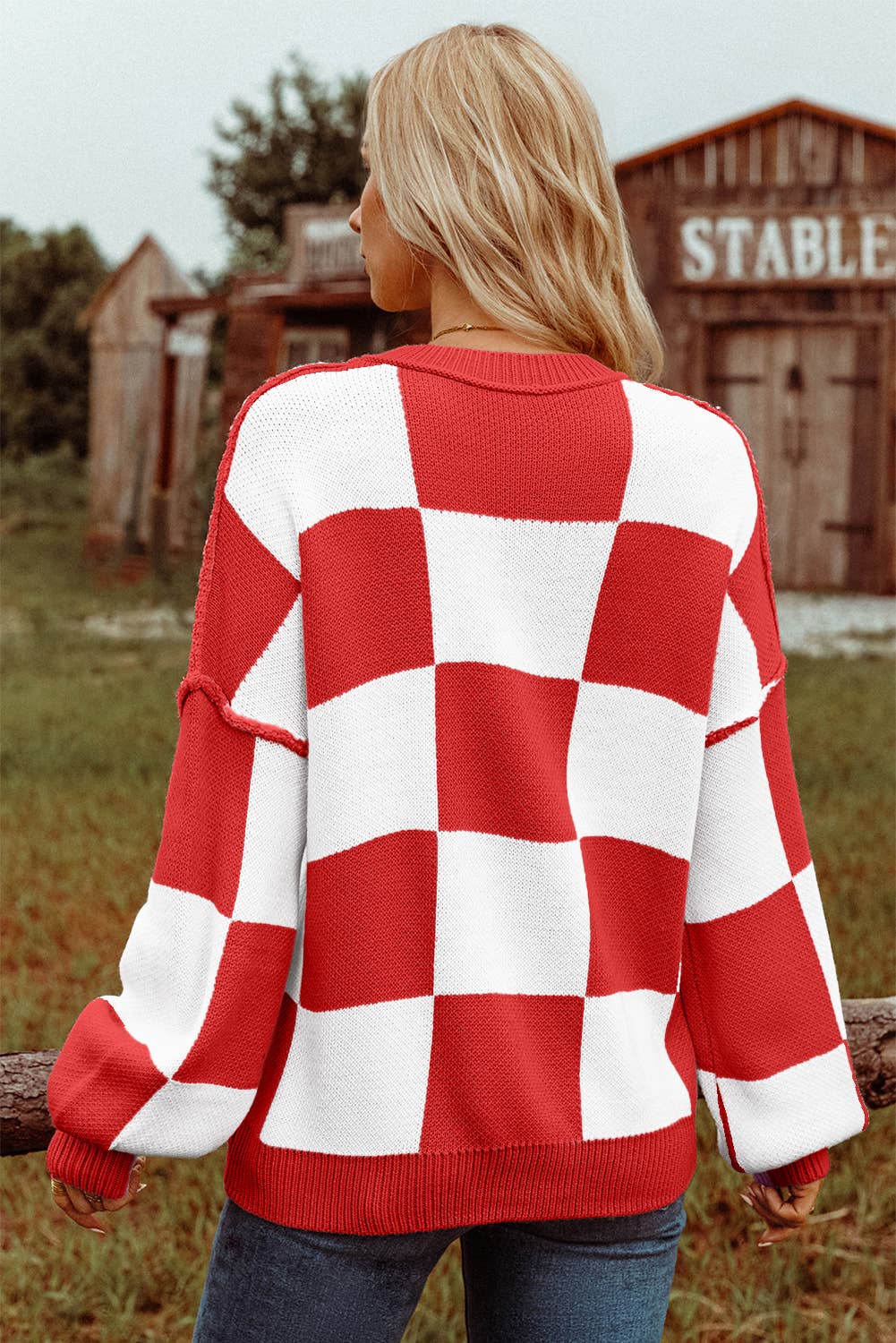 Checkered Bishop Sleeve Sweater