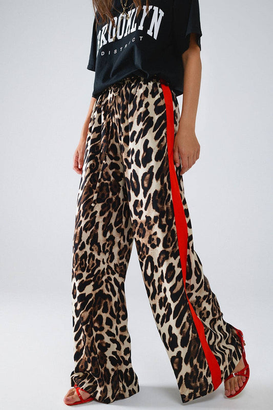 Printed Straight Pants With Red Stripes