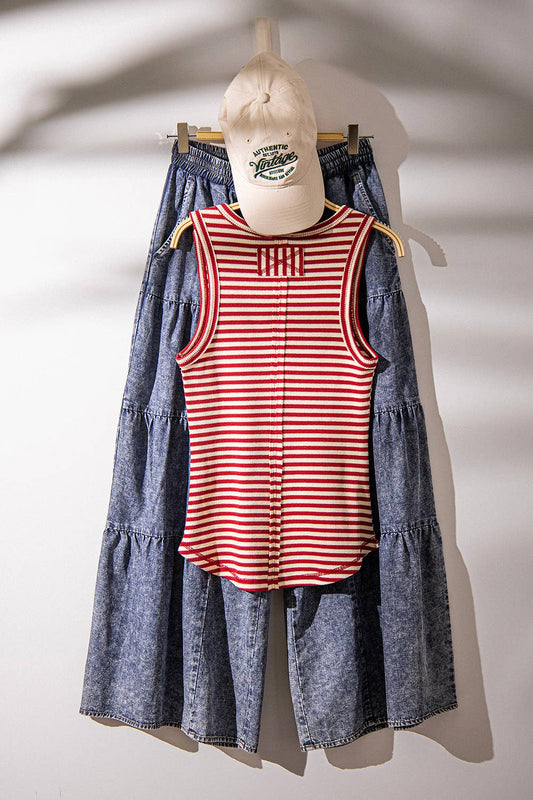 Striped Button Down Fitted Knit Tank Top