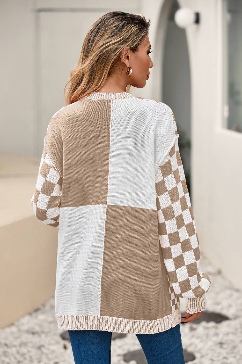 Checkered Open Front Drop Shoulder Cardigan
