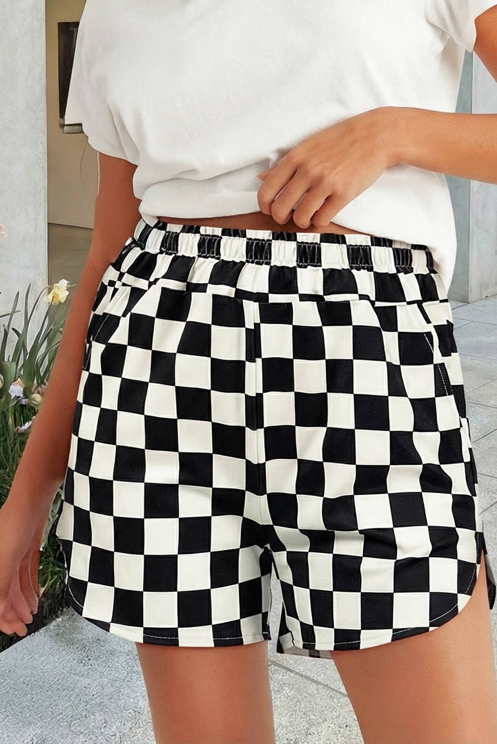 Checkered Print High Waist Shorts