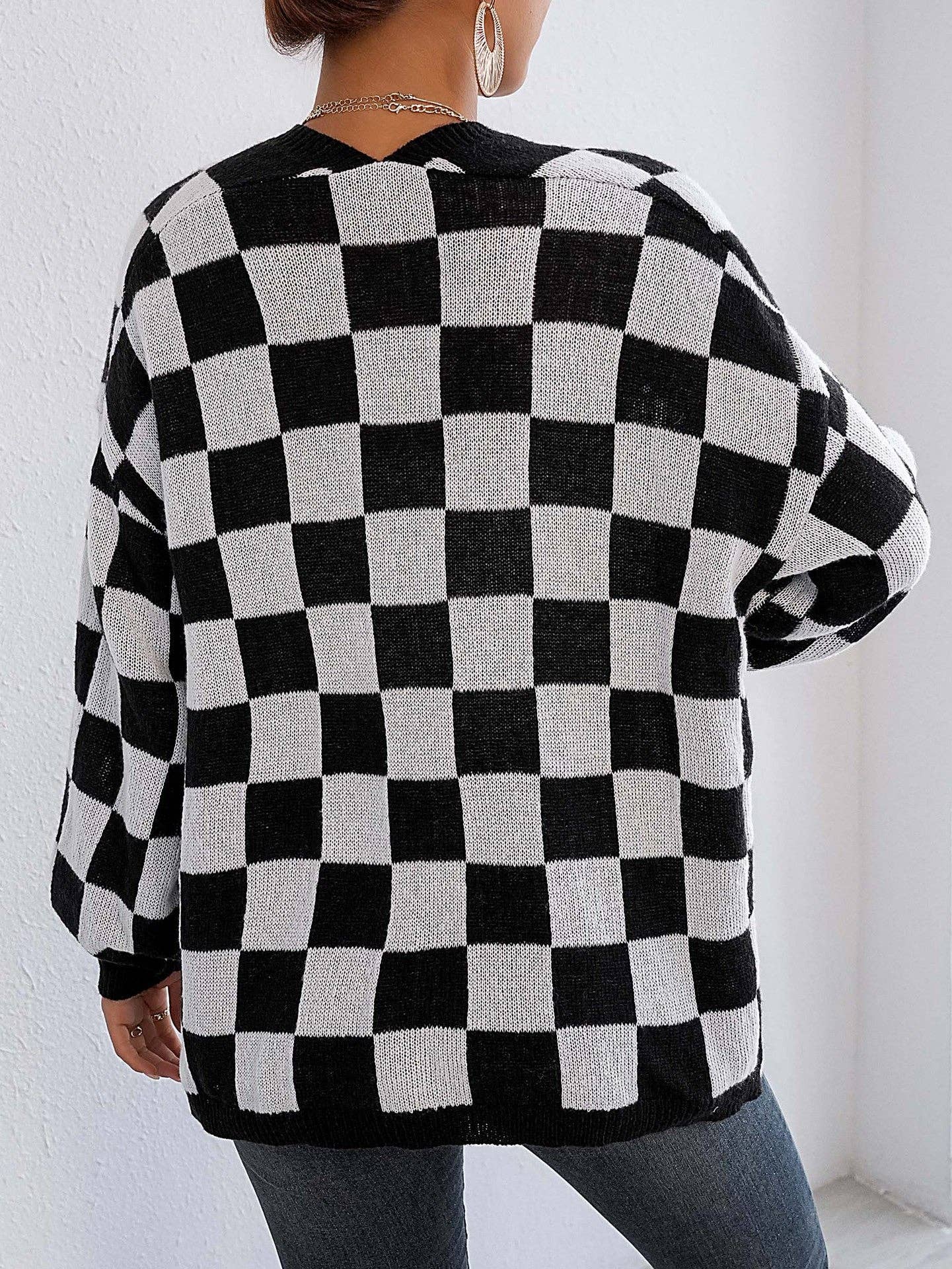 Checkered Open Front Cardigan Sweater