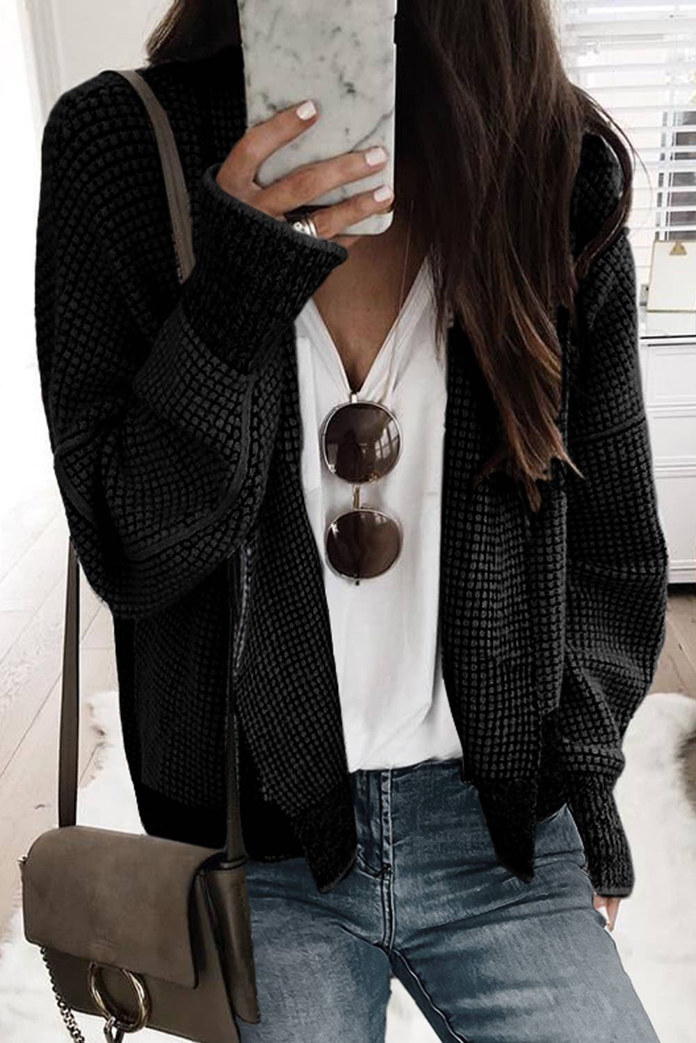 Casual Plaid Contrast Trim Open Front Cardigan