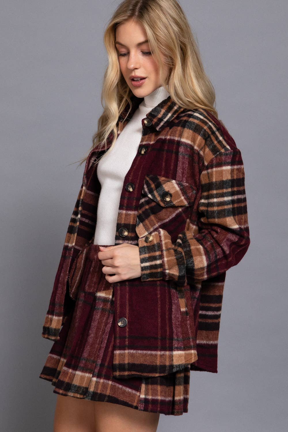 Wool Blend Plaid Jacket With Side Pockets