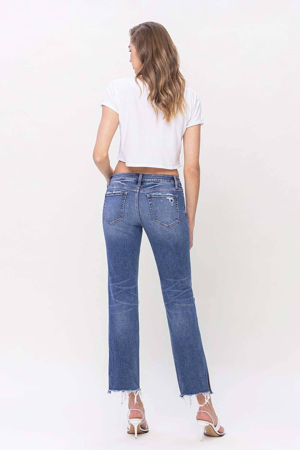 Low Rise Distressed Straight Jean With Side Slits