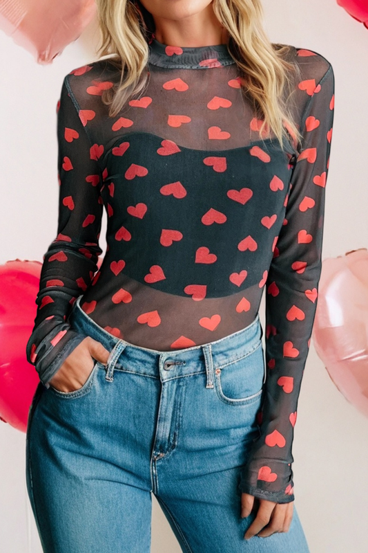 Valentines Heart Mock Neck Sheer Mesh Top Pre Order