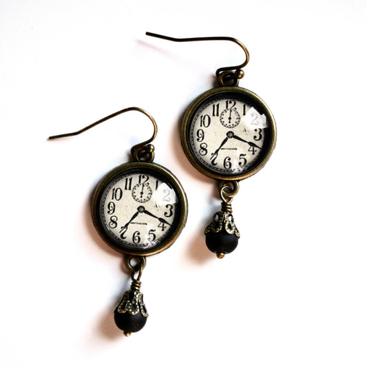 Edwardian Clock Steampunk Glass Cabochon and Bronze Earrings