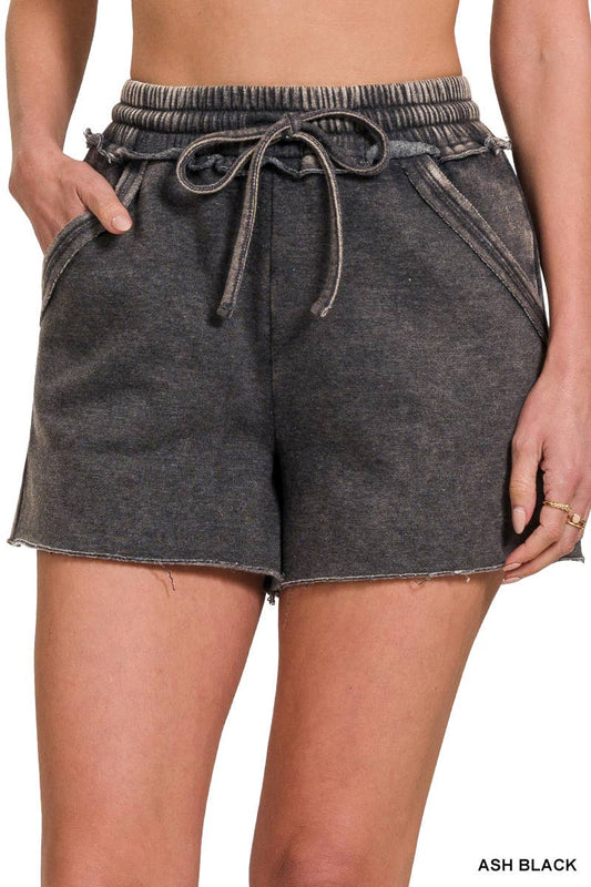 Washed Fleece Drawstring Shorts With Pockets