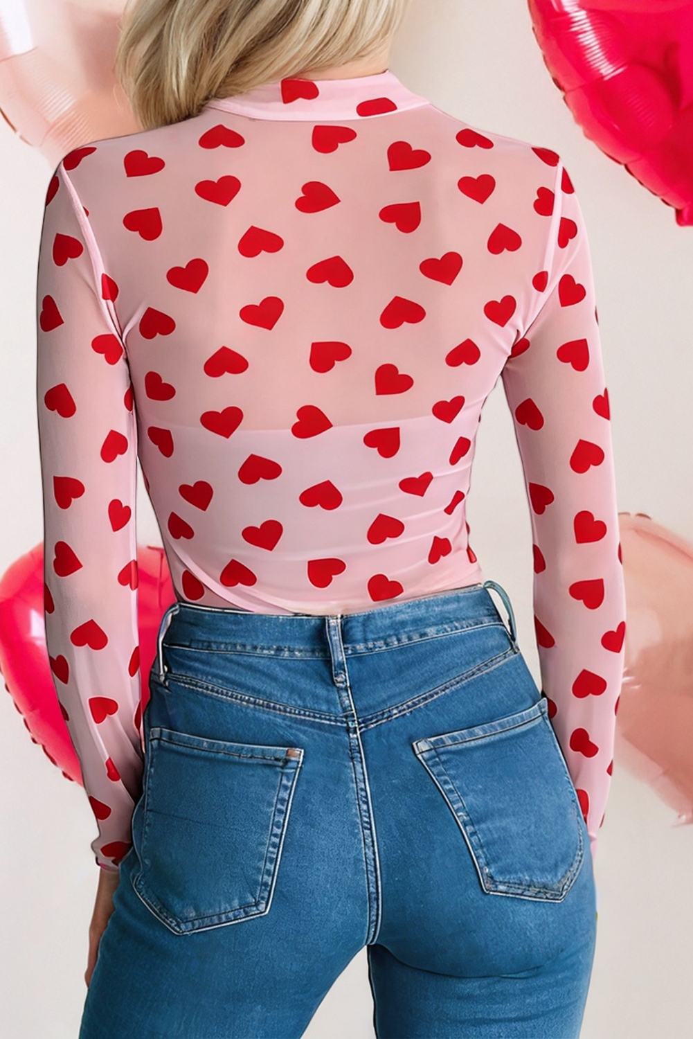 Valentines Heart Mock Neck Sheer Mesh Top Pre Order