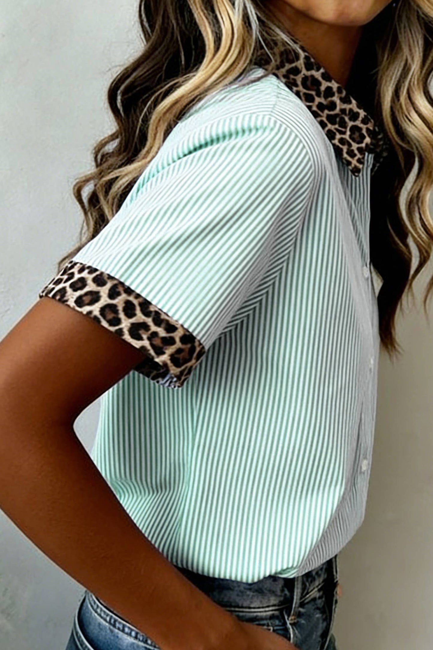 Printed Trim Striped Button-Down Short Sleeve Shirt