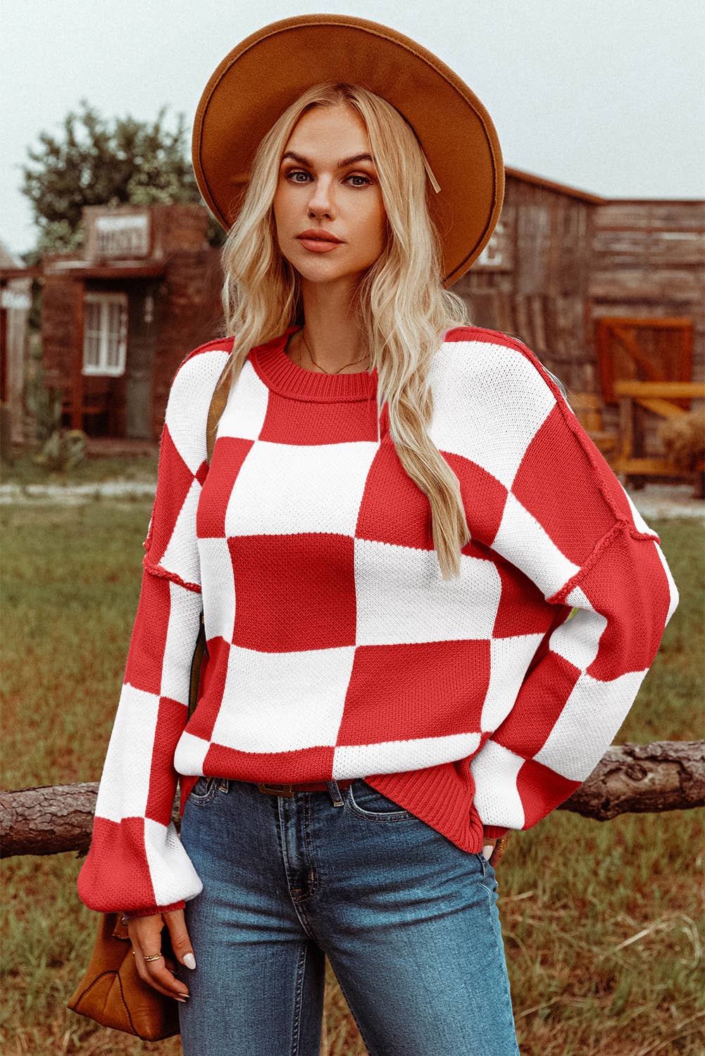 Checkered Bishop Sleeve Sweater