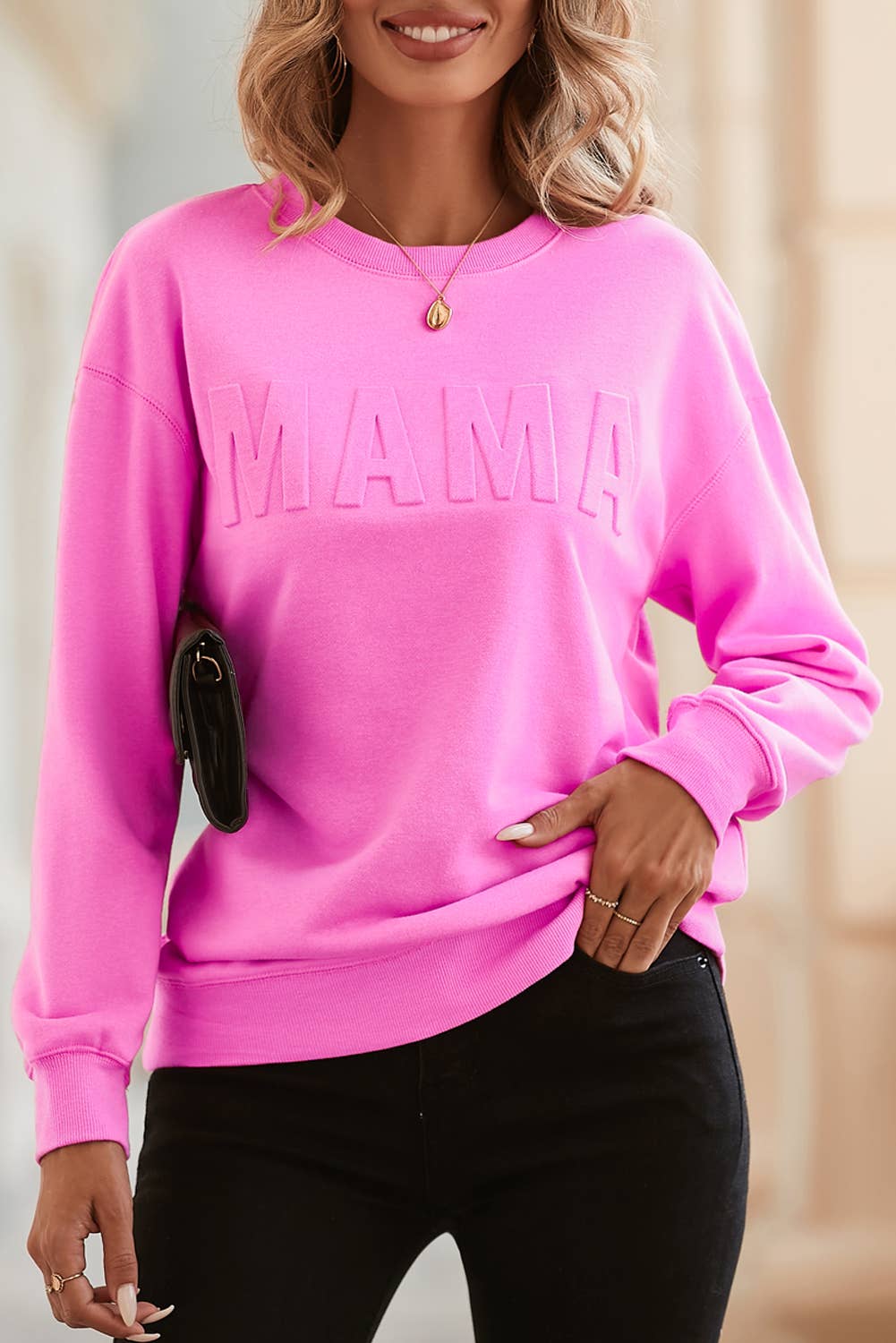 Bright Pink MAMA  Embossed Casual Sweatshirt