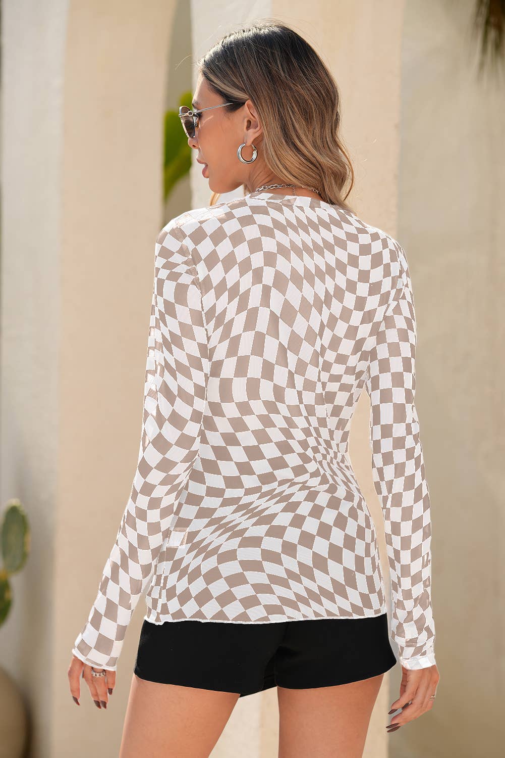 Checkered Pattern Mesh Mock Neck