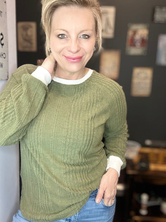 Ribbed Contrast Cuffed Round Neck Long Sleeve