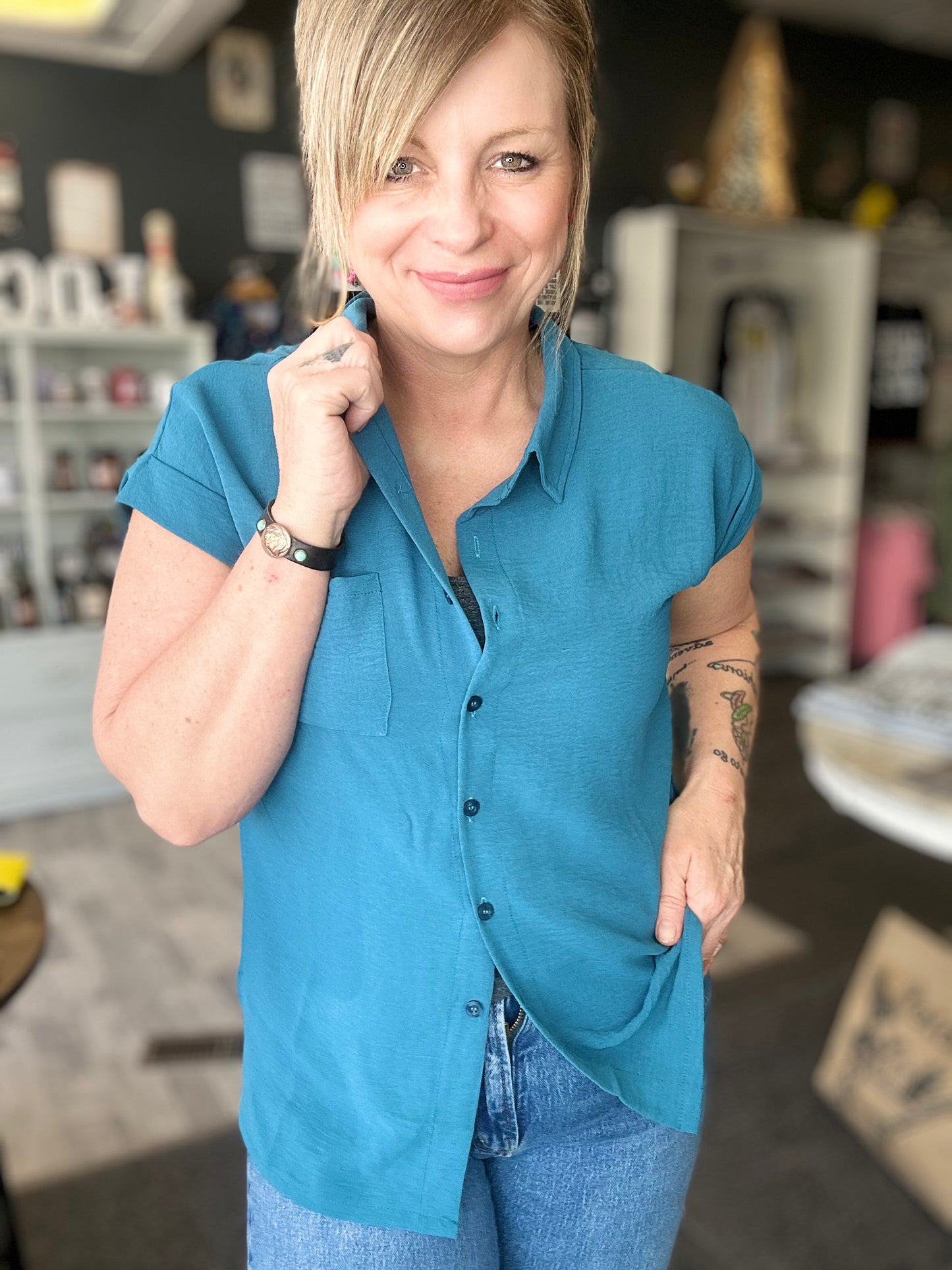 Short Sleeve Button Up Top