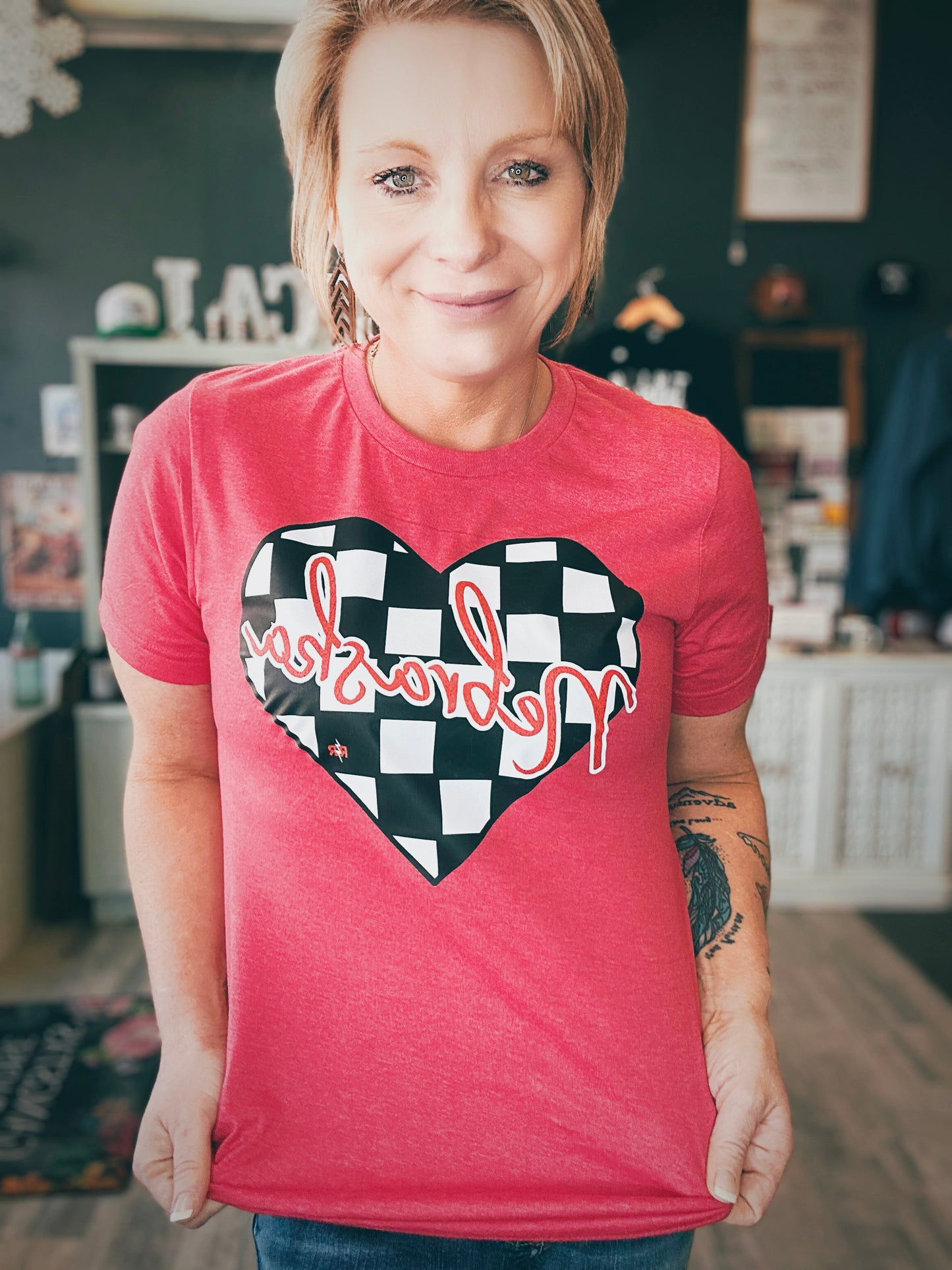 Nebraska Checkered Heart Heather Red Tee
