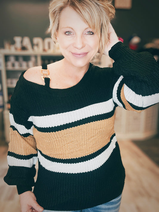 Casual Contrasting Striped Off Shoulder Pullover Sweater