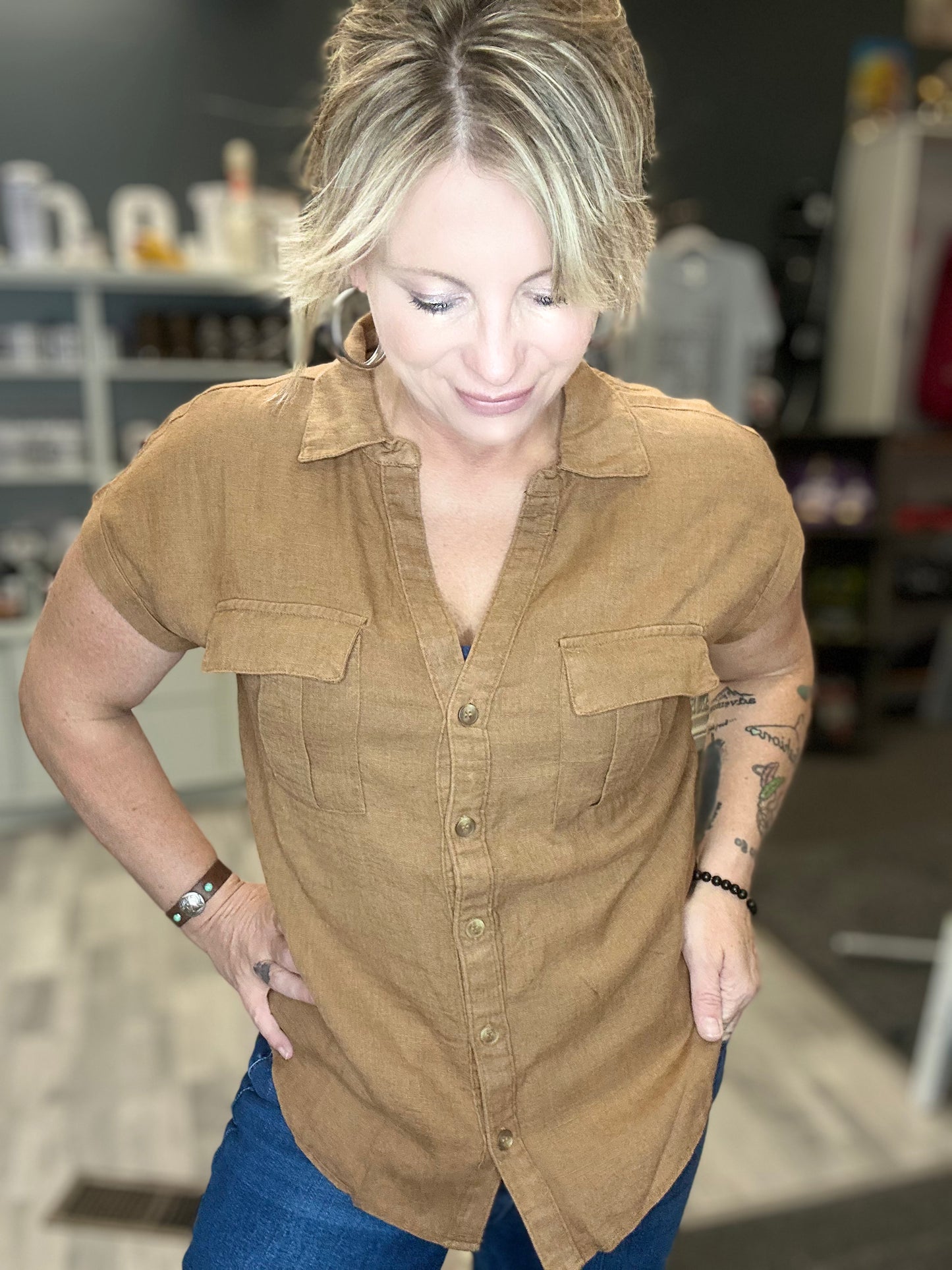 Washed Button Down Batwing Sleeve Shirts