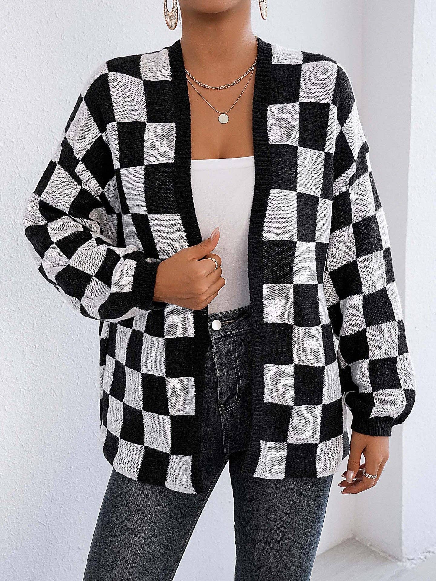 Checkered Open Front Cardigan Sweater