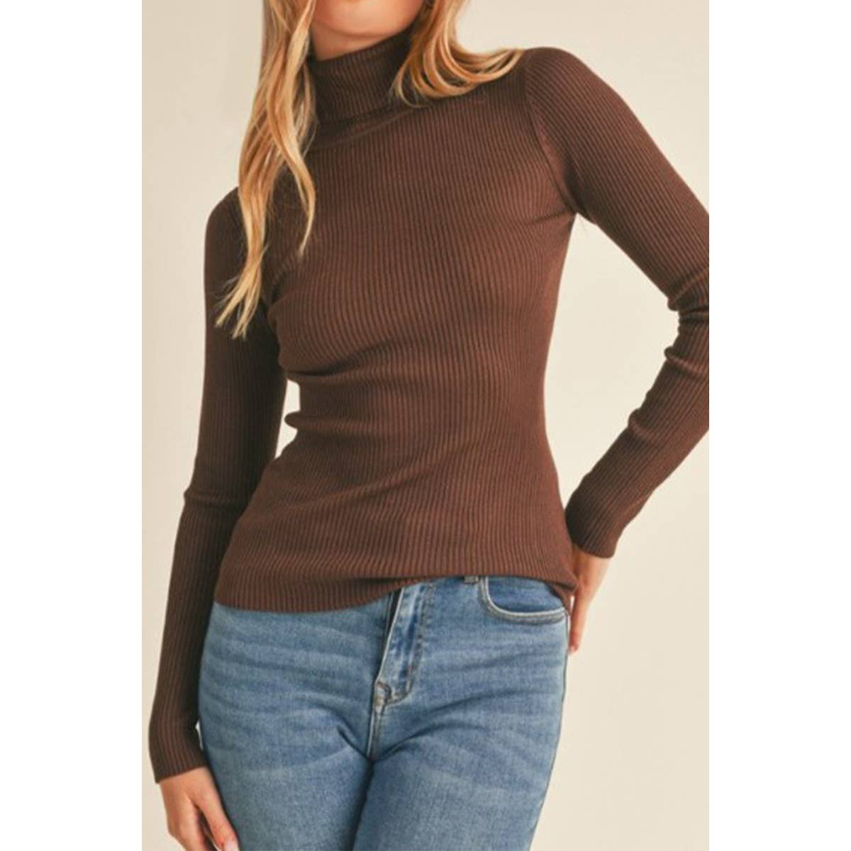 Rich Brown Ribbed Fitted Turtleneck