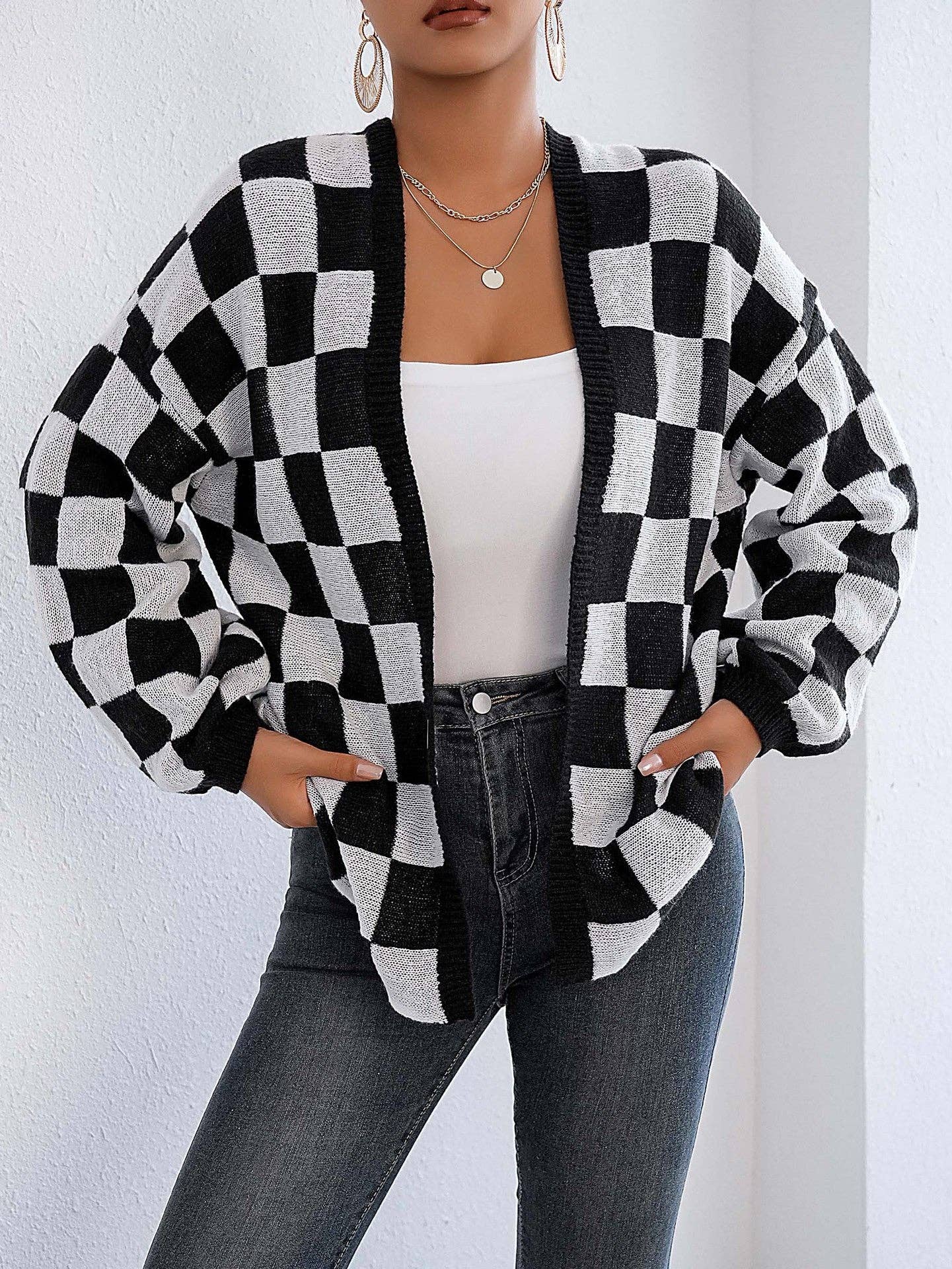 Checkered Open Front Cardigan Sweater