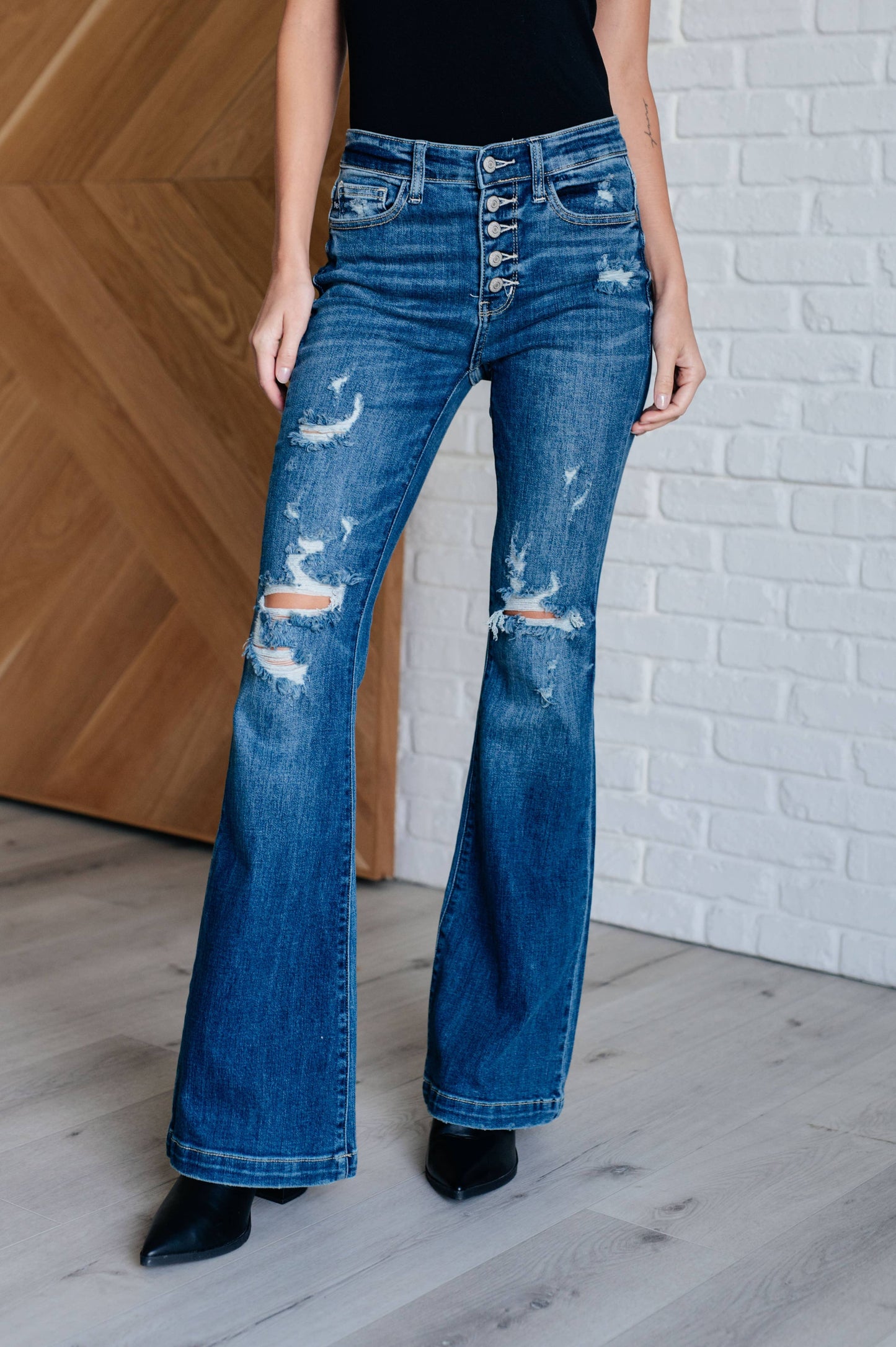 Judy Blue Mid Rise Distressed Button Fly Flare Jeans