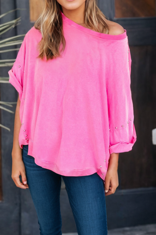 Mineral Wash Studded Batwing Sleeve Oversized Top