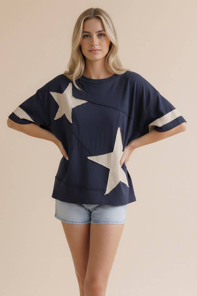 Star Patchwork Cotton Slub Knit Top