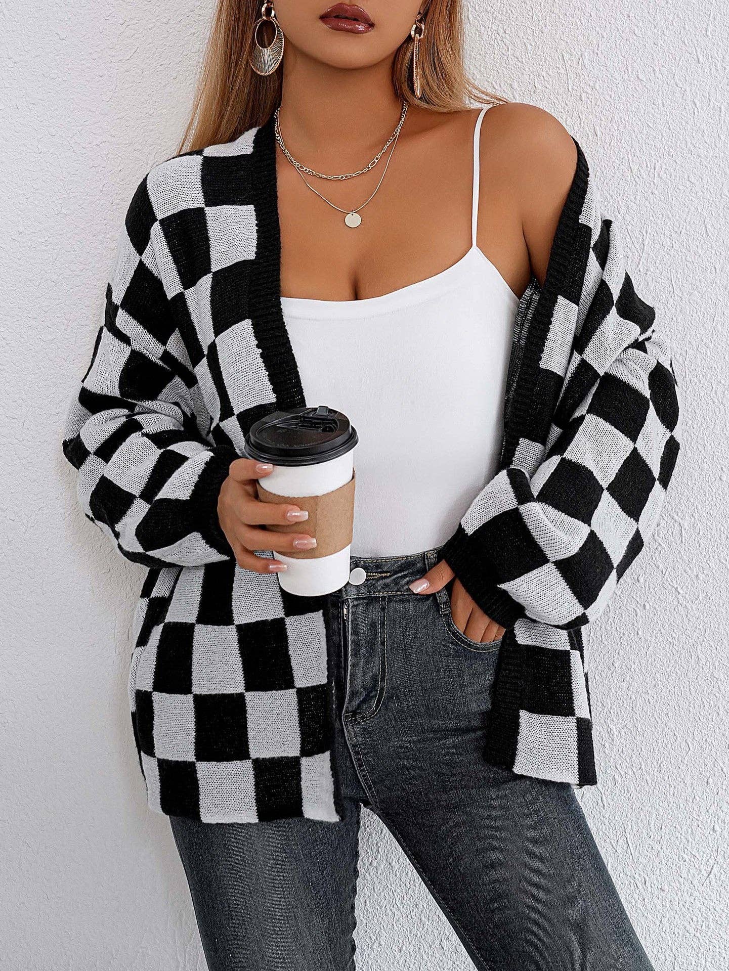 Checkered Open Front Cardigan Sweater