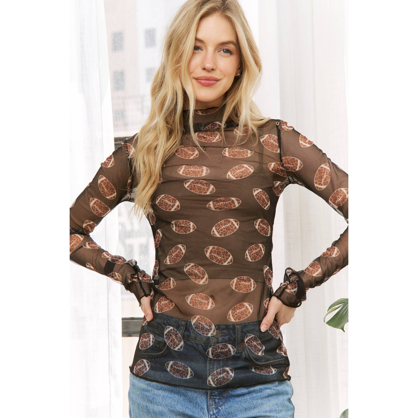 FOOTBALL PRINT MESH HIGH NECK DESIGN LONG SLEEVE TOP