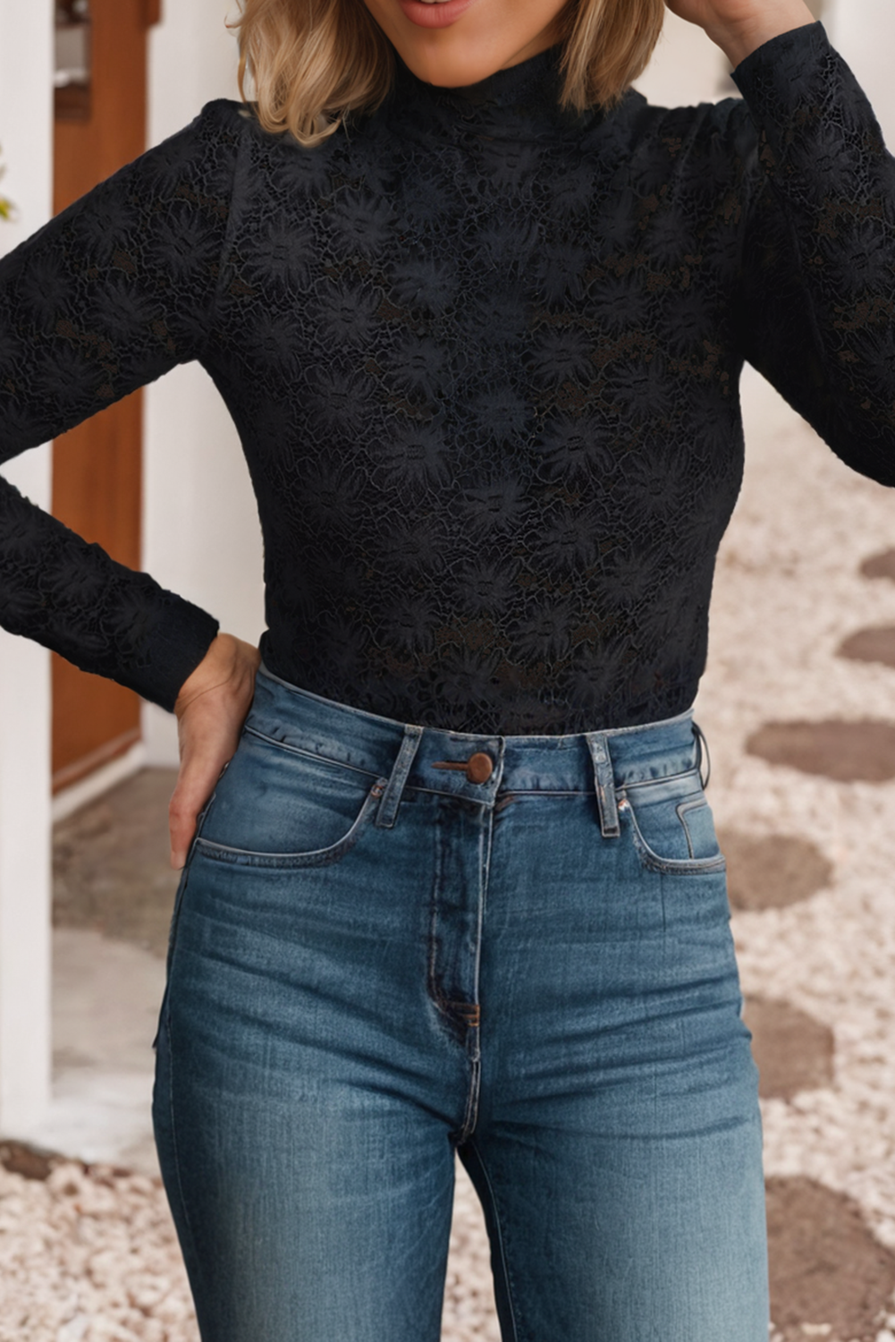 Floral Lace High Neck Long Sleeve Top